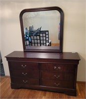 Dresser 61"×17¾"× 33" with mirror. Six drawer