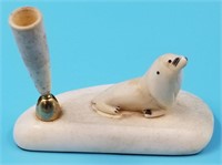 Whales tooth pen holder with Ivory Walrus