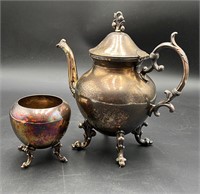 Silver on Copper, Tea Pot and Cube Sugar Holder