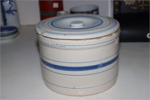 Stoneware pottery crock with blue stripes with