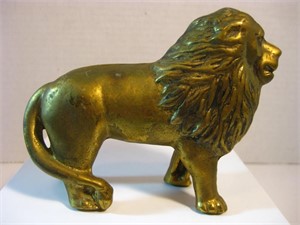 ANTIQUE SOLID BRASS LION BANK. 5 X 3.5 INCHES