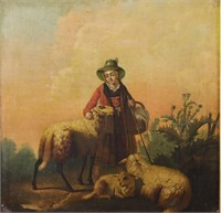 Oil Painting of a Shepherd and Their Sheep