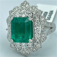 GIA Platinum Emerald & Diamond Ring