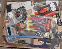 Box lot-hack saw, tape, hammer, NEW