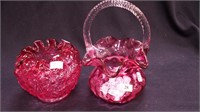 Two pieces of cranberry Fenton glass: 8" high