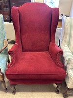 Antique red uph large wing back chair w high back