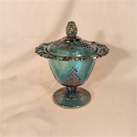 Vintage Blue Carnival Glass Candy Dish With Lid