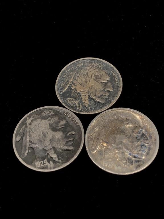 Three Antique/Vintage 5C Buffalo Nickel Coins -