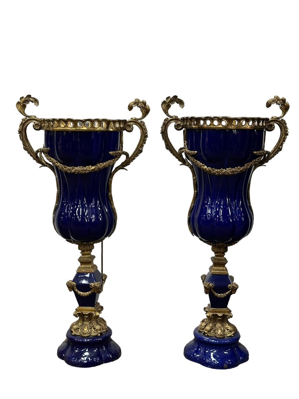 Pair of Large Ormolu Mounted Porcelain Floor Urns