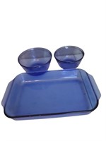 Lot of 3 Blue Glass Dishes Pyrex & Anchor