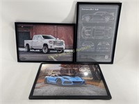 (3) Framed Vehicle Wall Art: Camaro & Denali Truck