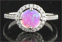 Round Halo Pink Opal & White Topaz Designer Ring