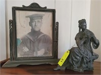 CAST FIGURINE AND VINTAGE WAR PICTURE