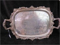 ORNATE SILVERPLATE HANDLED TRAY WITH DRINK