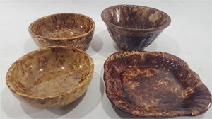 Brown Spatterware Pottery Bowls & Plate