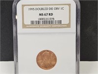1995 Doubled Die OBV Graded 1 Cent  MS 67 RD