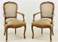 PAIR OF FRENCH SUEDE SEAT ARMCHAIRS W/WICKER BACKS
