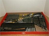 Flat of tools-- wrenches, sockets  & misc