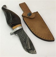 Damascene Blade Knife With Horn Handle
