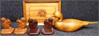 Wooden Duck Decoy, Carved Squirrels & Tray