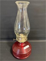 Vtg. retro red oil lamp with wick 14"h