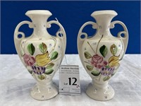 Hand Painted Flower Handled Ampohora Vase x2