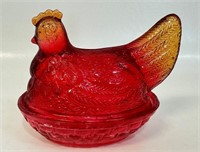GREAT VINTAGE RED GLASS COVERED BUTTER HEN