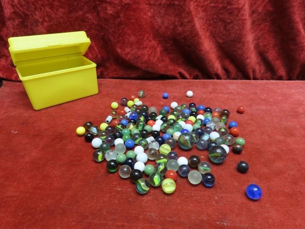 Vintage glass marbles w/yellow box.