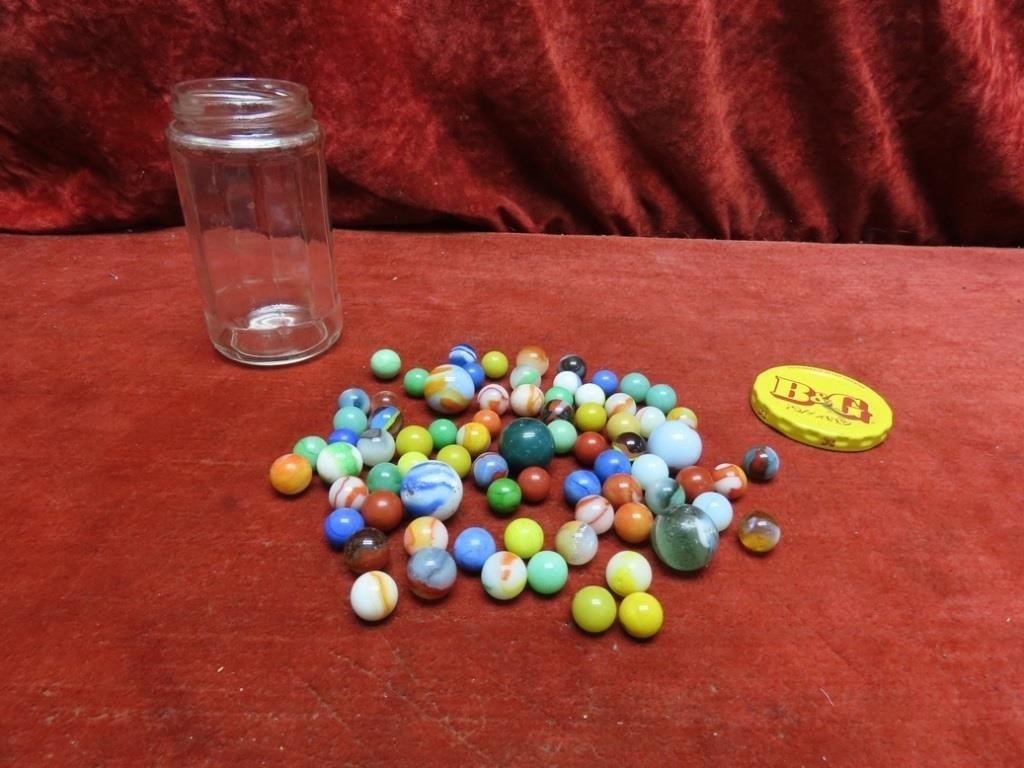 Vintage glass marbles w/jar.