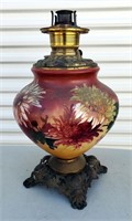 Hand Painted Glass w Brass Foot Oil Lamp Base