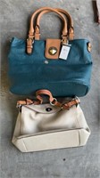 2 leather purse bags, one brown and tan coach,