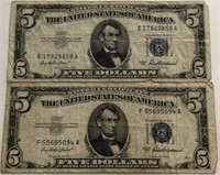 (2) 1953 $5 Blue Seal Bills