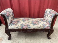 Vintage Upholstered Rolling Arm Bench. Carved