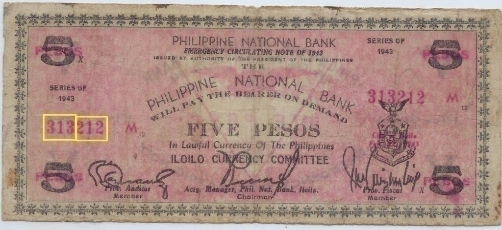 Rare Philippines 5 Pesos 1943 WWII Fancy SN.FN6
