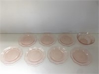 Lot of Pink Depression Glass 7 Plates 1 Bowl