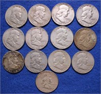 13 Franklin Silver Half Dollars