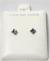 Amethyst Post Ear Rings Sterling Silver VTG