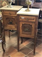 A PAIR OF FRENCH OAK MARBLE TOP BEDSIDES