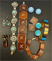 Vintage wooden jewelry and blue jewelry lot