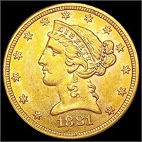 1881 $5 Gold Half Eagle CHOICE AU