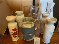 Pottery pitcher, misc vases