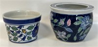 TWO NICE HAND PAINTED STONEWARE SMALL PLANTERS