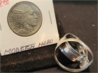 Hand carved HOBO nickle w/sterling Ring size