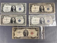 $2.00 Bill with (4) $1.00 Silver Certificates