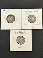 3 Mercury Dimes (1935S, 1937, 1939D)