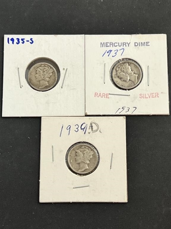 3 Mercury Dimes (1935S, 1937, 1939D)