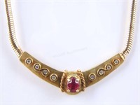 14K Yellow Gold Ruby Diamond Bar Necklace