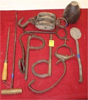 Group of Metal Objects; hooks, block and tackle