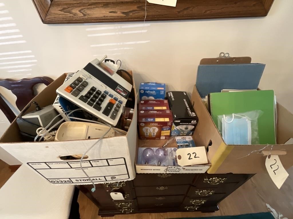 3 BOXES OF BULBS, ELECTRONIS, & OFFICE SUPLY