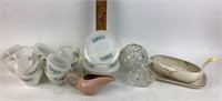 Fire King cups/saucers , crystal basket, bud